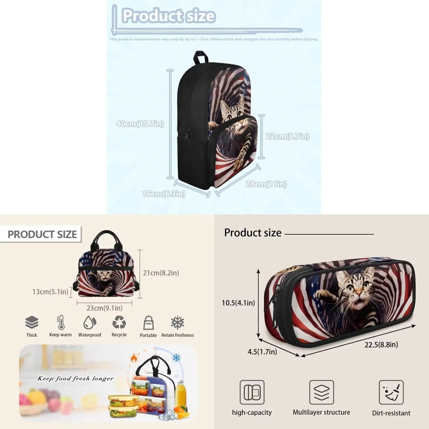 3 Pcs American Flag Funny Cat Book Bag, Lightweight Backpack with Insulated Lunchbox and Pencil Case, 3 in 1 School Bag Set Children Backpack for Festival Gift