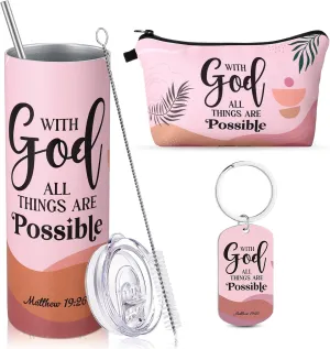 3 Pcs Christian Inspirational Gifts Set Boho 20 oz Stainless Steel Faith Tumbler Religious Makeup Bags with Zipper Bible Verse Keychain Luau Birthday Gift for Women Mothers Employee Teacher