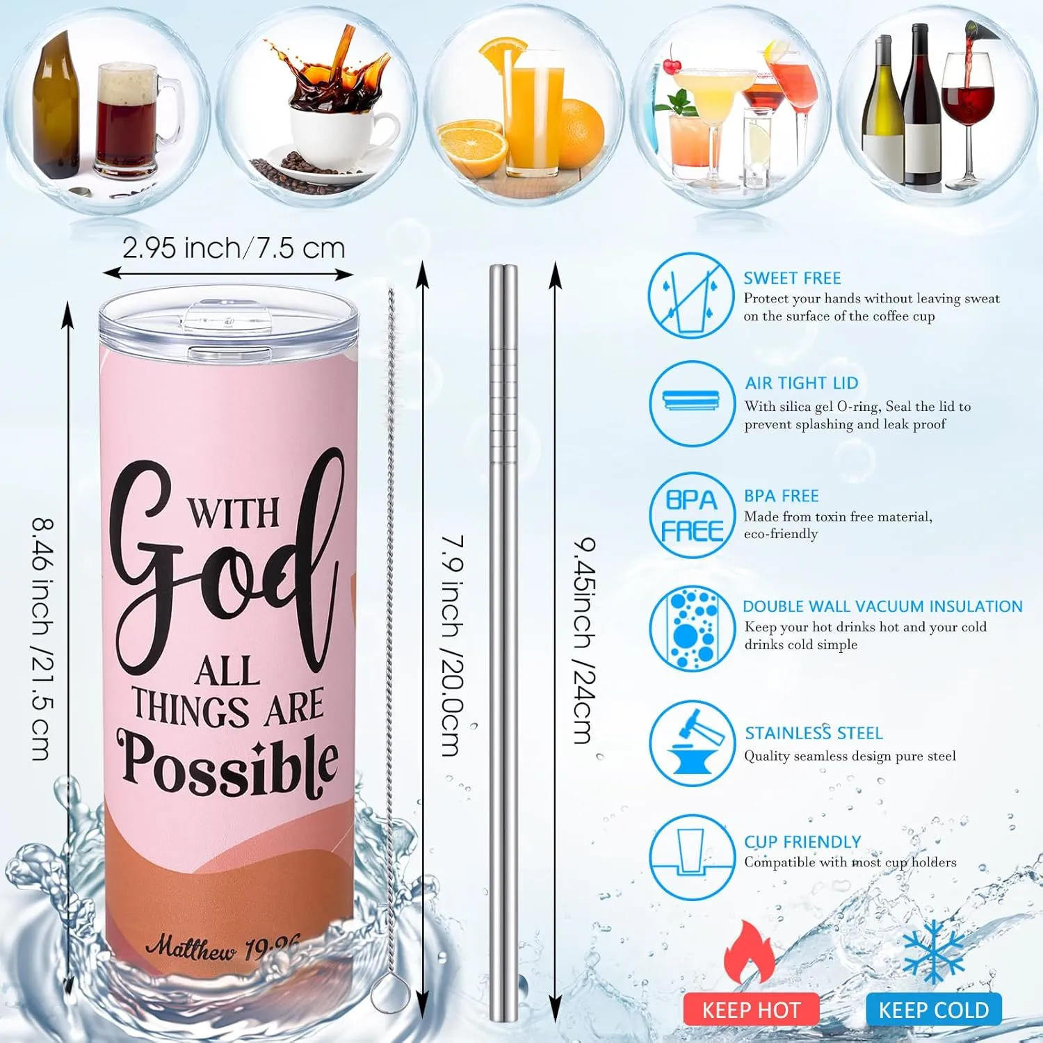 3 Pcs Christian Inspirational Gifts Set Boho 20 oz Stainless Steel Faith Tumbler Religious Makeup Bags with Zipper Bible Verse Keychain Luau Birthday Gift for Women Mothers Employee Teacher
