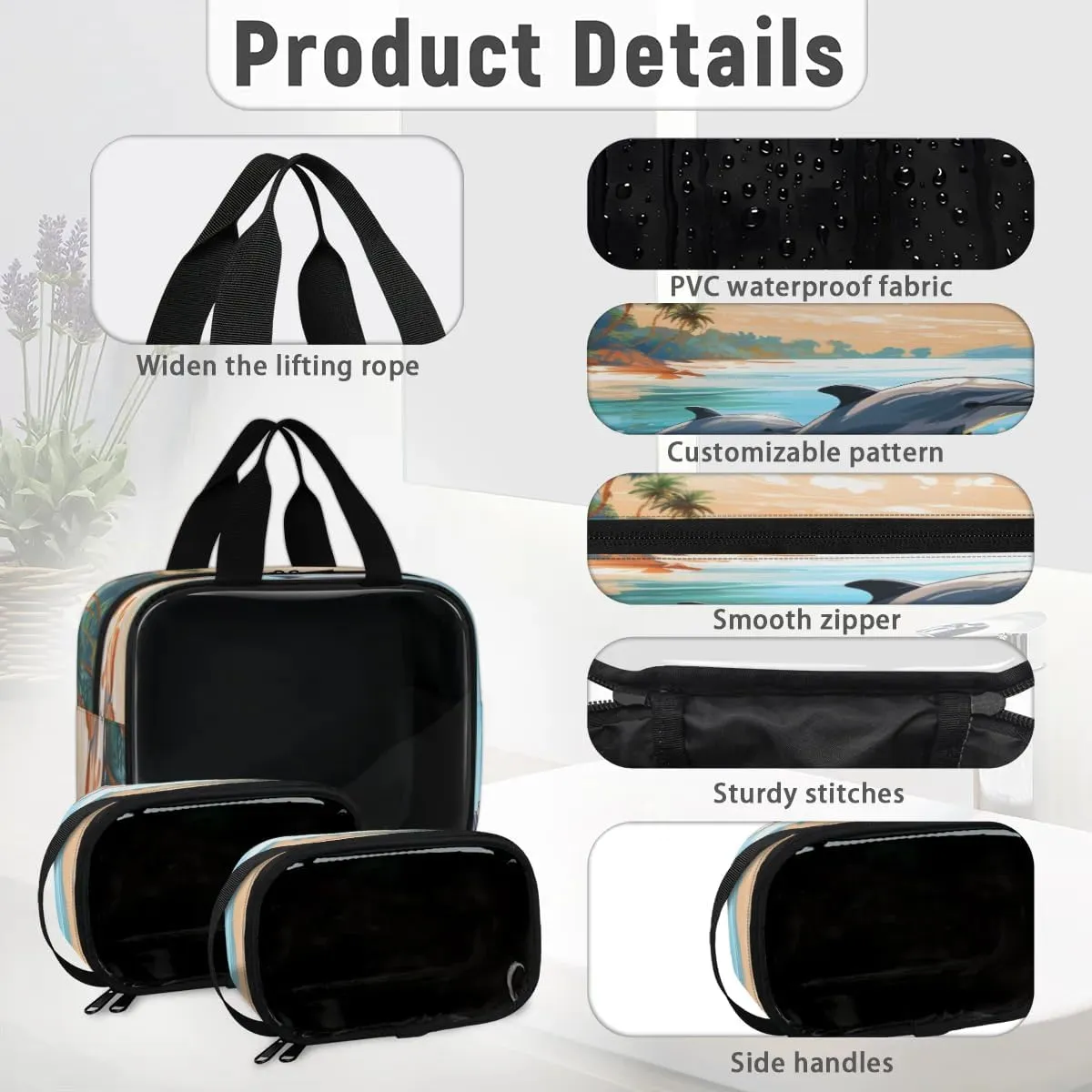 3 PCS Travel Makeup Bag Set Beach Jumping Dolphin Translucent Cosmetic Bags Portable Toiletry Bag for Women Makeup & Skincare Storage for Travel & Daily Use