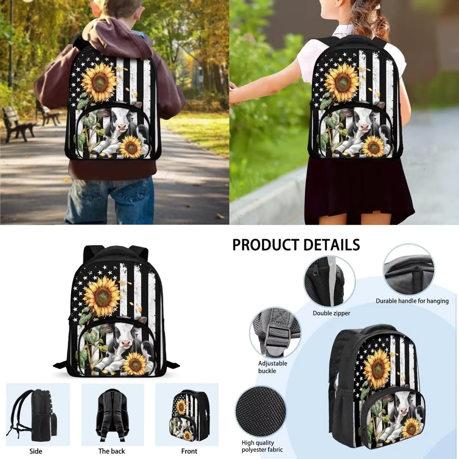 3 Pieces Backpack School Bag Bookbag and Lunch Box Pencil Case Penbag Kids Toddler Preschool Elementary School Bookbag Daypack Rucksack American Flag Cow Sunflower Backpack