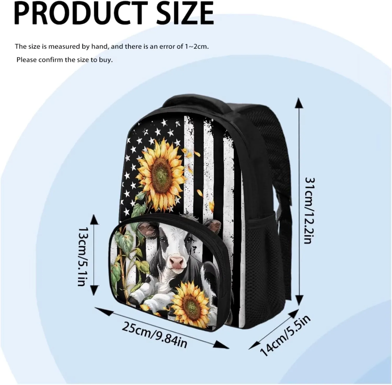 3 Pieces Backpack School Bag Bookbag and Lunch Box Pencil Case Penbag Kids Toddler Preschool Elementary School Bookbag Daypack Rucksack American Flag Cow Sunflower Backpack