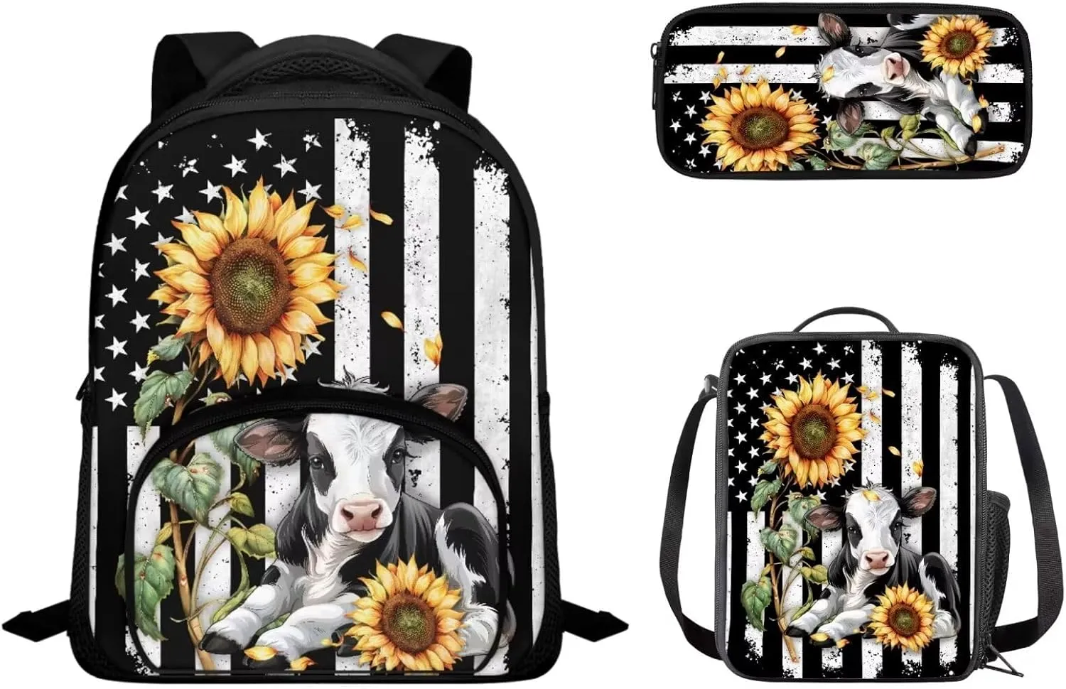 3 Pieces Backpack School Bag Bookbag and Lunch Box Pencil Case Penbag Kids Toddler Preschool Elementary School Bookbag Daypack Rucksack American Flag Cow Sunflower Backpack