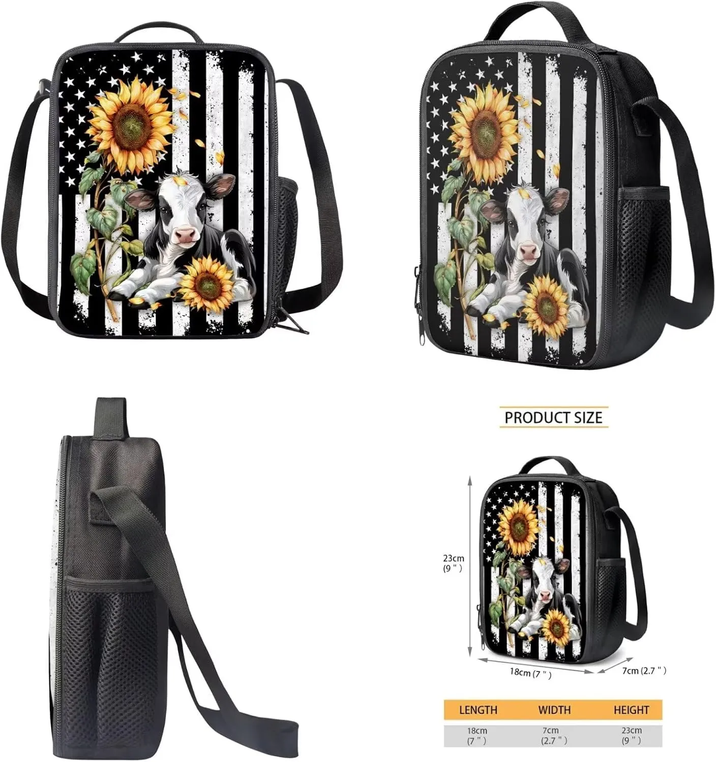 3 Pieces Backpack School Bag Bookbag and Lunch Box Pencil Case Penbag Kids Toddler Preschool Elementary School Bookbag Daypack Rucksack American Flag Cow Sunflower Backpack