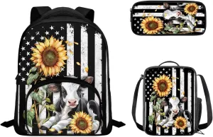 3 Pieces Backpack School Bag Bookbag and Lunch Box Pencil Case Penbag Kids Toddler Preschool Elementary School Bookbag Daypack Rucksack American Flag Cow Sunflower Backpack