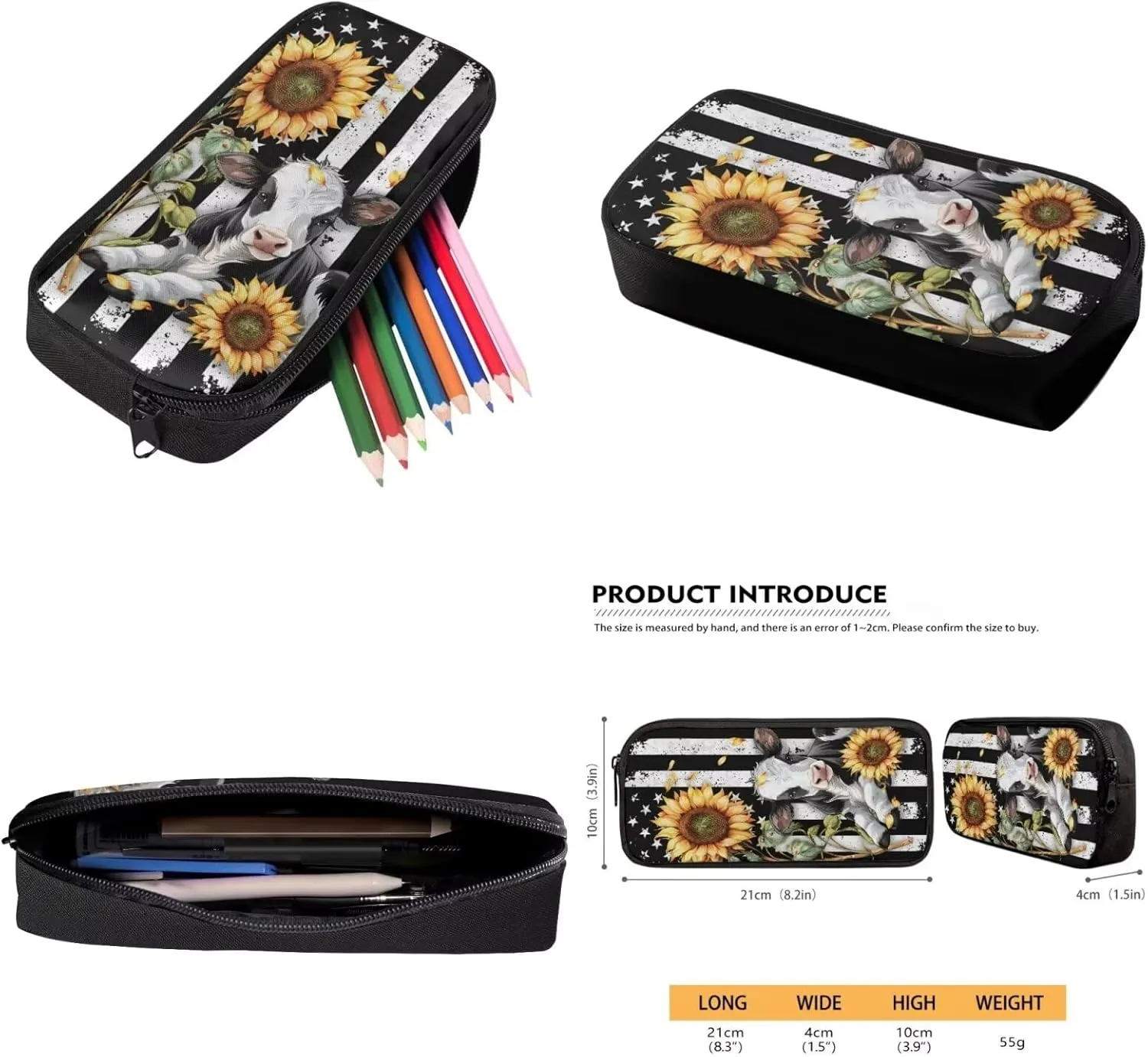 3 Pieces Backpack School Bag Bookbag and Lunch Box Pencil Case Penbag Kids Toddler Preschool Elementary School Bookbag Daypack Rucksack American Flag Cow Sunflower Backpack