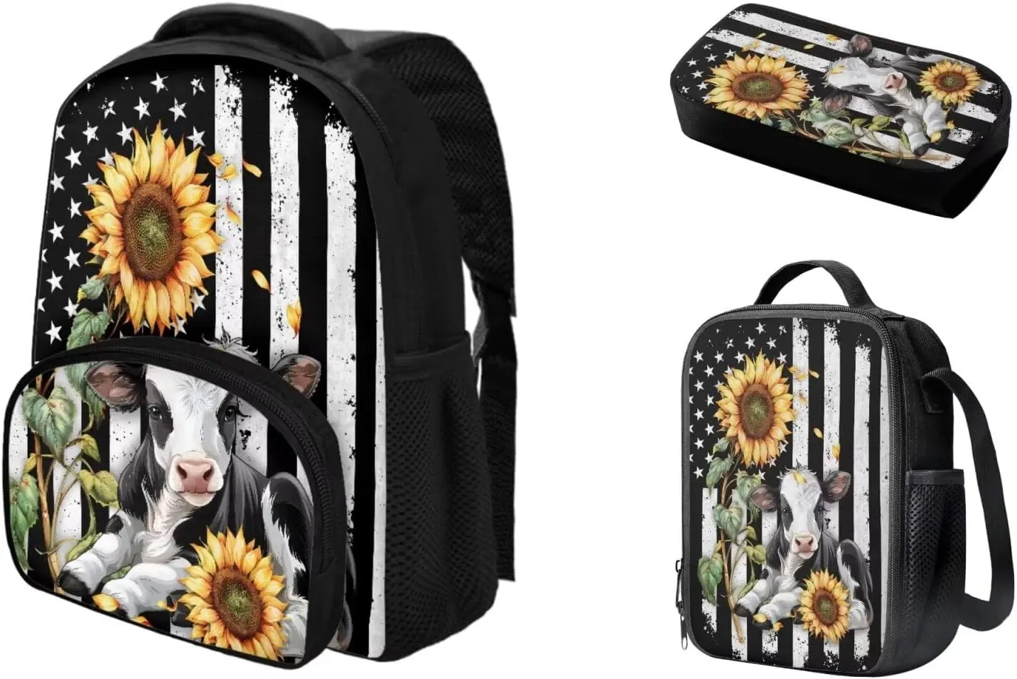 3 Pieces Backpack School Bag Bookbag and Lunch Box Pencil Case Penbag Kids Toddler Preschool Elementary School Bookbag Daypack Rucksack American Flag Cow Sunflower Backpack