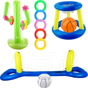 3 Sets of Inflatable Pool Float Includes Inflatable Pool Basketball Hoop Floating Volleyball Net Blow up Cactus Ring Toss Game for Kids Adults Summer Water Activities Pool Beach Party
