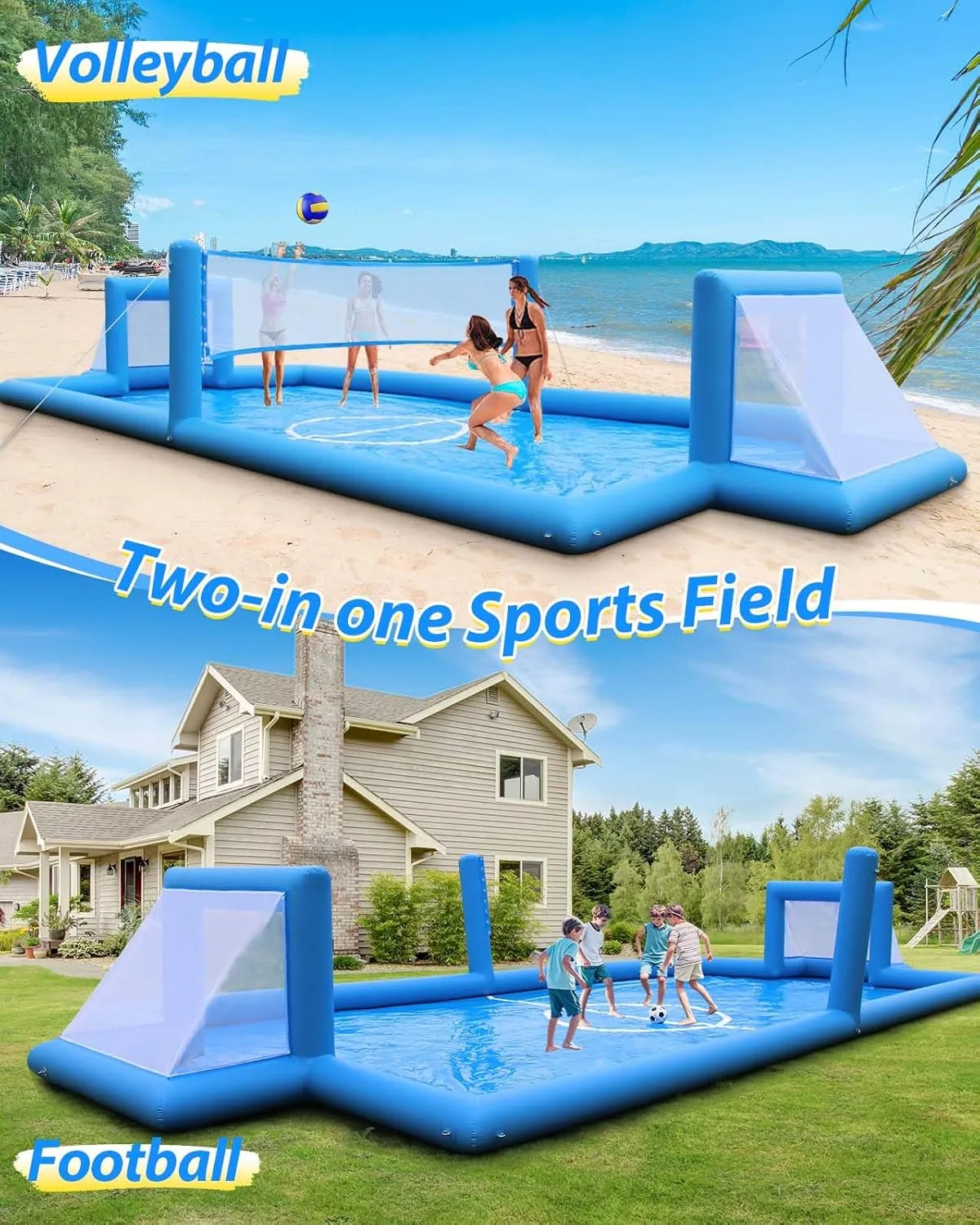 39x13x5.8FT Inflatable Volleyball Court & Soccer Field – 2-in-1 Water Sports Arena with Fast 800W Air Pump, Durable PVC Material – Backyard Inflatable Volleyball Pool for Kids & Adults