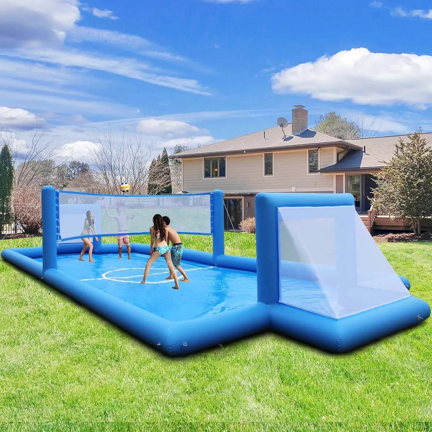39x13x5.8FT Inflatable Volleyball Court & Soccer Field – 2-in-1 Water Sports Arena with Fast 800W Air Pump, Durable PVC Material – Backyard Inflatable Volleyball Pool for Kids & Adults