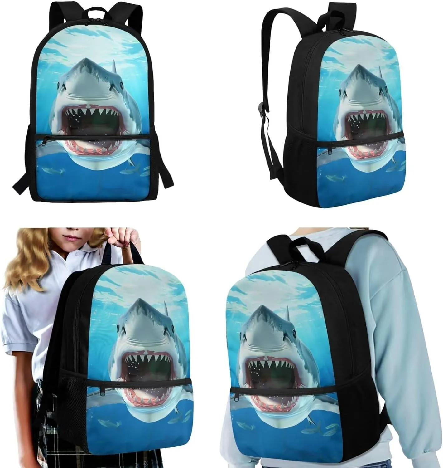 3D Shark High School Backpacks for Teen Boys 3-in-1 School Bag Set with Lunch Box Pencil Case 14-16 Kids Book Bags Lightweight Travel Backpacks Casual Daypack