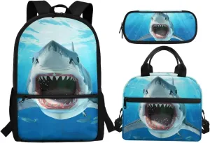 3D Shark High School Backpacks for Teen Boys 3-in-1 School Bag Set with Lunch Box Pencil Case 14-16 Kids Book Bags Lightweight Travel Backpacks Casual Daypack