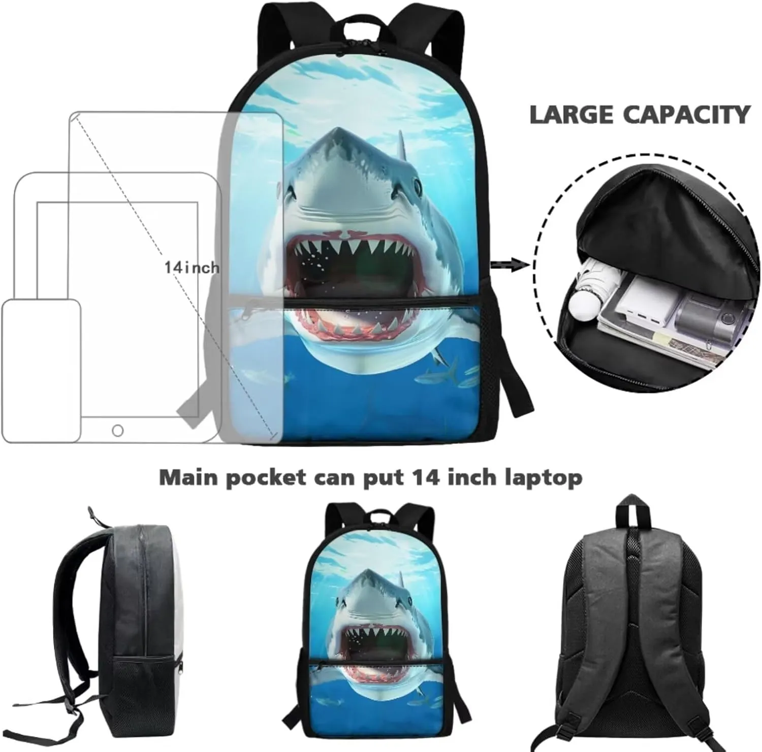 3D Shark High School Backpacks for Teen Boys 3-in-1 School Bag Set with Lunch Box Pencil Case 14-16 Kids Book Bags Lightweight Travel Backpacks Casual Daypack