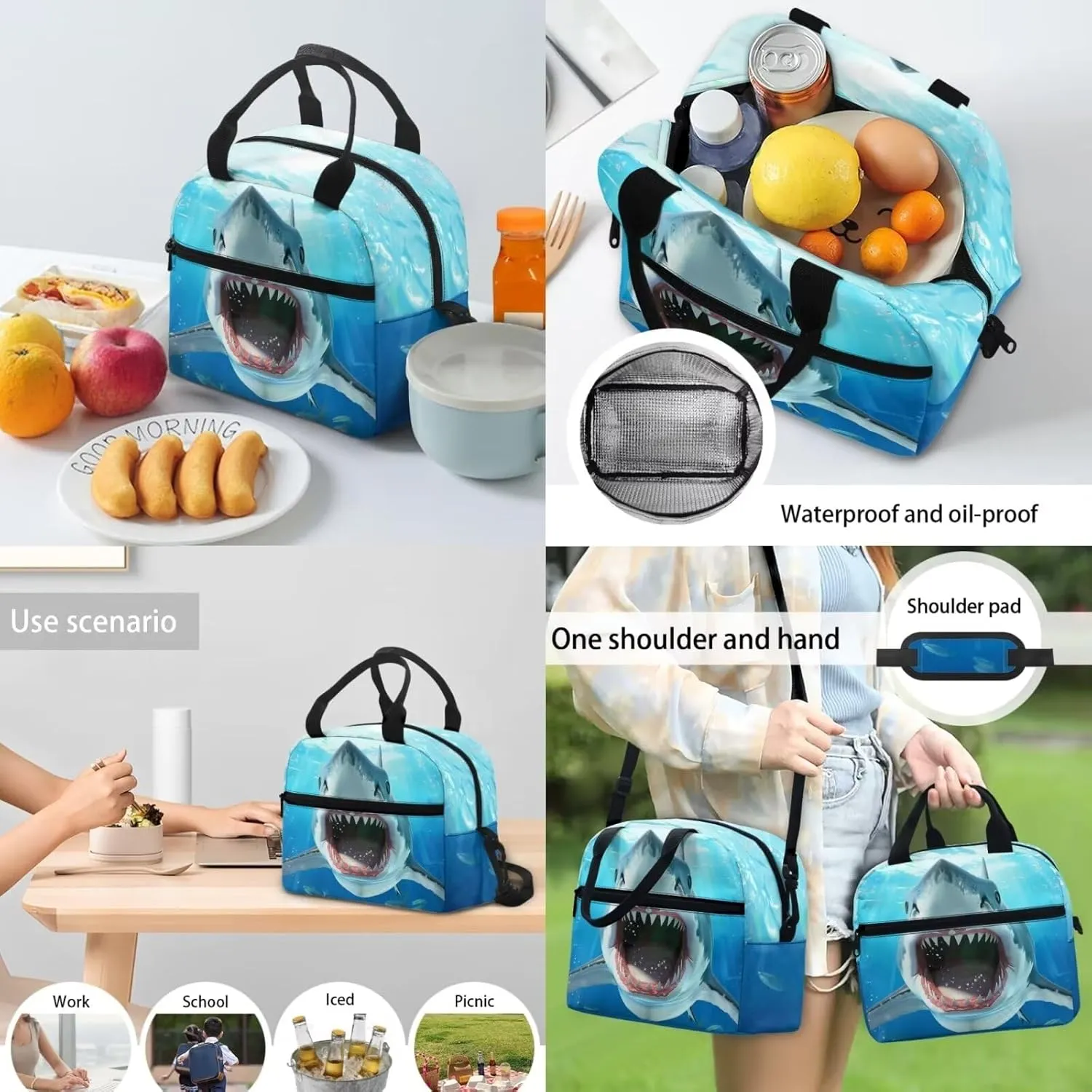 3D Shark High School Backpacks for Teen Boys 3-in-1 School Bag Set with Lunch Box Pencil Case 14-16 Kids Book Bags Lightweight Travel Backpacks Casual Daypack