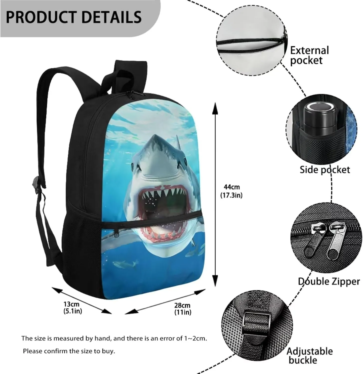 3D Shark High School Backpacks for Teen Boys 3-in-1 School Bag Set with Lunch Box Pencil Case 14-16 Kids Book Bags Lightweight Travel Backpacks Casual Daypack
