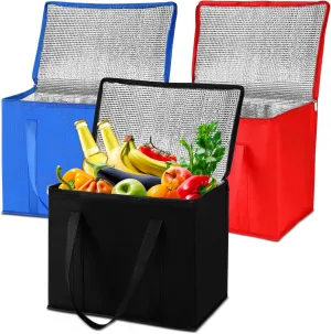 3Pack Insulated Reusable Grocery Bags Collapsible Food Delivery Bag Heavy Duty Large Shopping Bag Insulated Tote Bags Container with Zippered Top for Hot Cold Food Carrier Travel (Red,Black,Blue)