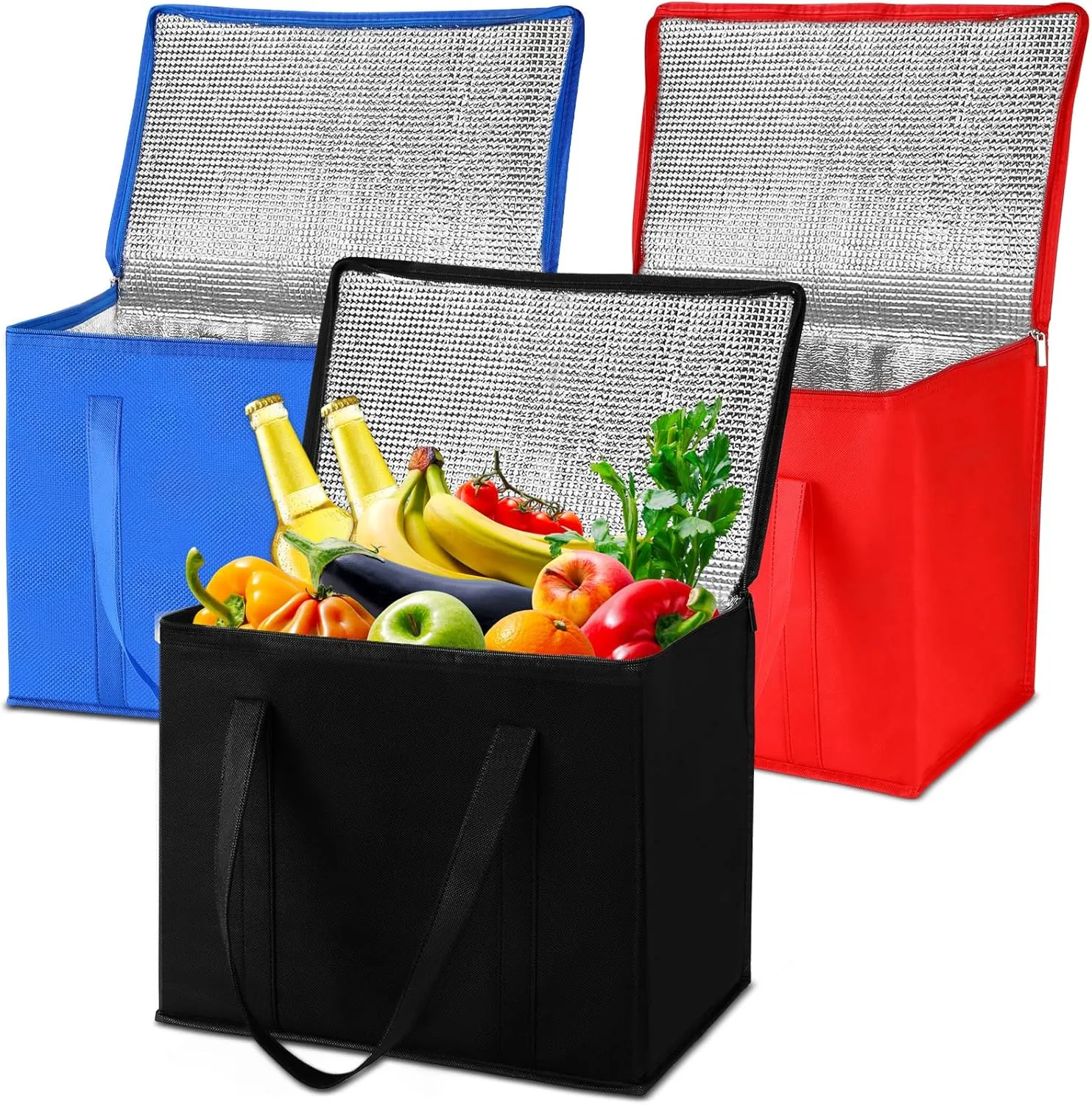 3Pack Insulated Reusable Grocery Bags Collapsible Food Delivery Bag Heavy Duty Large Shopping Bag Insulated Tote Bags Container with Zippered Top for Hot Cold Food Carrier Travel (Red,Black,Blue)