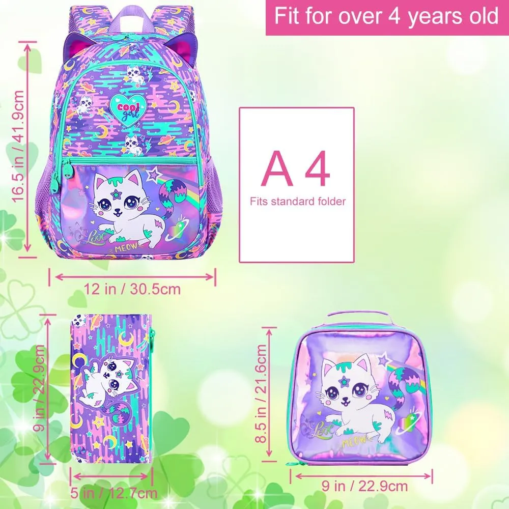 3Pcs Cat Backpack for Girls, 16.5" Kids Backpacks Set for Elementary Preschool Kindergarten, School Bookbag with Lunch Box(Purple)