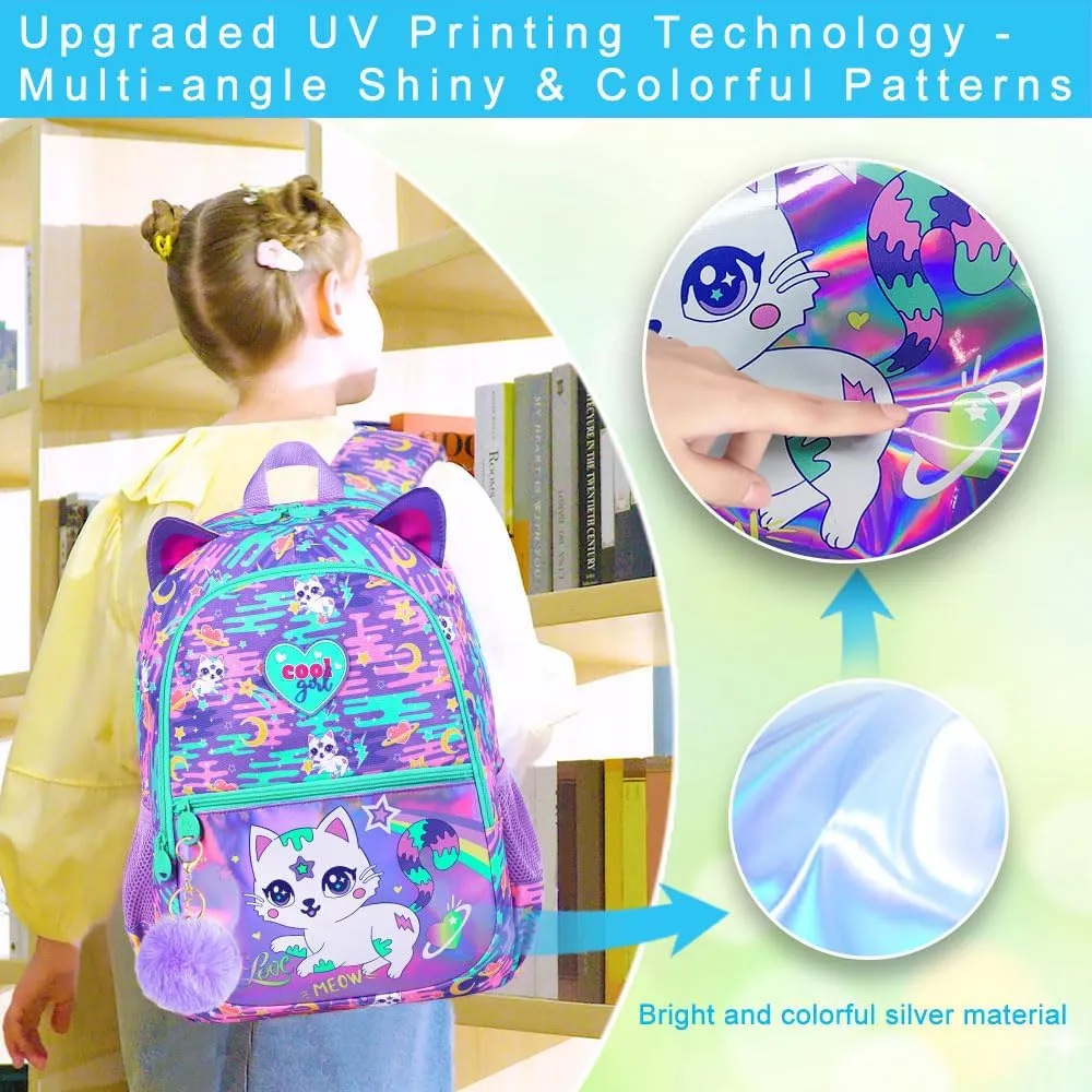 3Pcs Cat Backpack for Girls, 16.5" Kids Backpacks Set for Elementary Preschool Kindergarten, School Bookbag with Lunch Box(Purple)