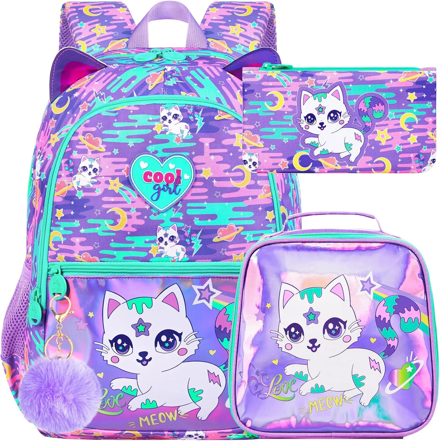 3Pcs Cat Backpack for Girls, 16.5" Kids Backpacks Set for Elementary Preschool Kindergarten, School Bookbag with Lunch Box(Purple)