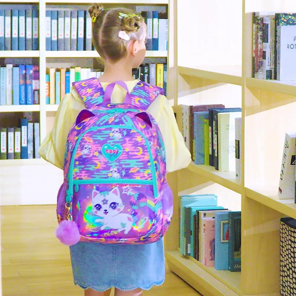 3Pcs Cat Backpack for Girls, 16.5" Kids Backpacks Set for Elementary Preschool Kindergarten, School Bookbag with Lunch Box(Purple)