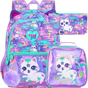 3Pcs Cat Backpack for Girls, 16.5" Kids Backpacks Set for Elementary Preschool Kindergarten, School Bookbag with Lunch Box(Purple)
