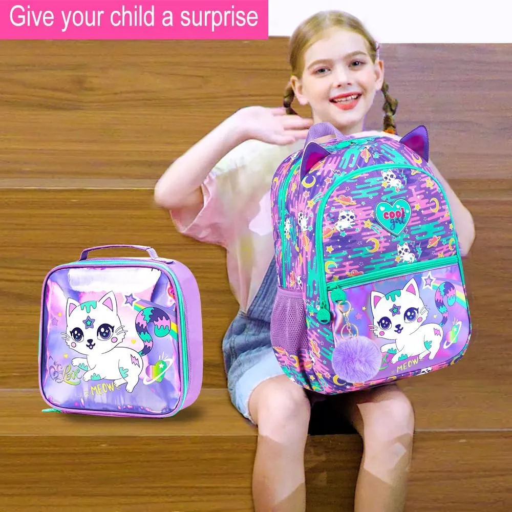 3Pcs Cat Backpack for Girls, 16.5" Kids Backpacks Set for Elementary Preschool Kindergarten, School Bookbag with Lunch Box(Purple)