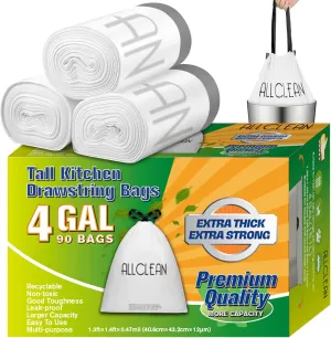 4 Gallon Trash Bags Drawstring, Small Kitchen Garbage Bags Wastebasket Ultra Strong for Bathroom,Office,Kitchen,Bedroom,Office Trash, 4 Gallons Drawstring White, 90 Count (Pack of 1)