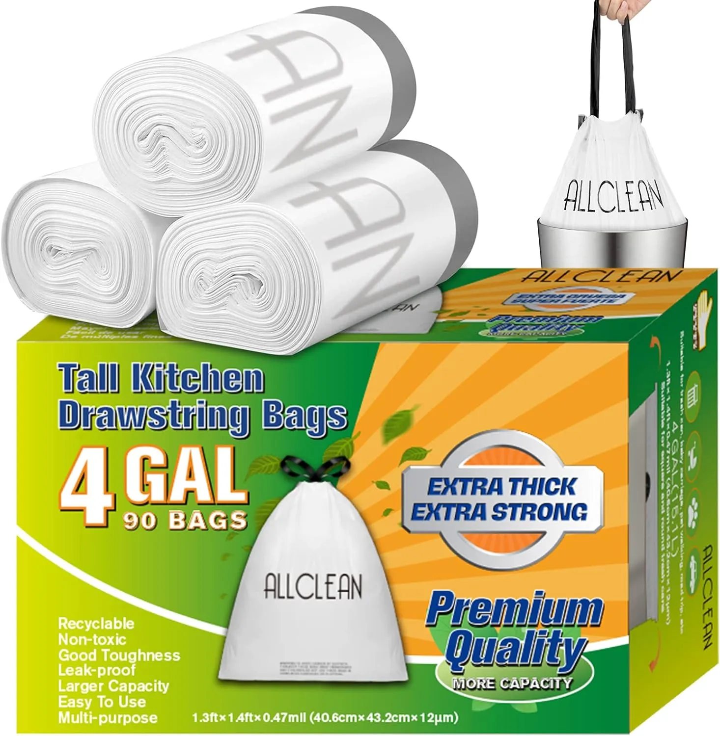 4 Gallon Trash Bags Drawstring, Small Kitchen Garbage Bags Wastebasket Ultra Strong for Bathroom,Office,Kitchen,Bedroom,Office Trash, 4 Gallons Drawstring White, 90 Count (Pack of 1)