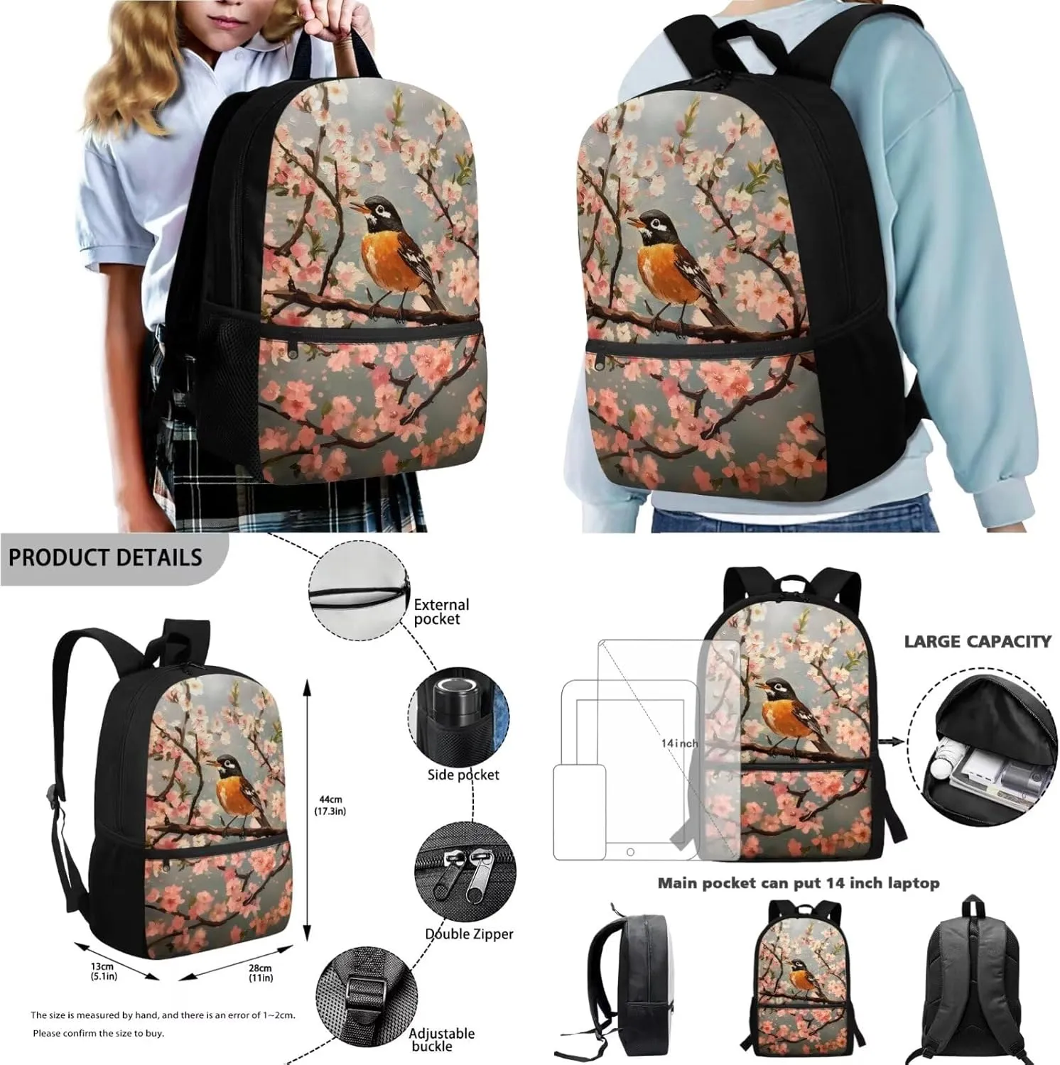 4 In 1 Backpack Set for Kids Teens Boys Girls, Sparrow Print School Bag with Insulated Lunch Box Pencil Case Water Cup Sleeve, Elementary Kindergarten Preschool Bookbag for Travel Camping