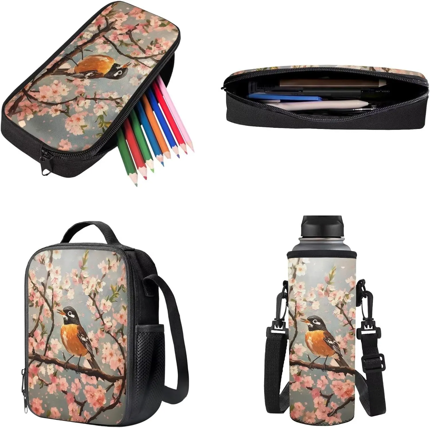 4 In 1 Backpack Set for Kids Teens Boys Girls, Sparrow Print School Bag with Insulated Lunch Box Pencil Case Water Cup Sleeve, Elementary Kindergarten Preschool Bookbag for Travel Camping