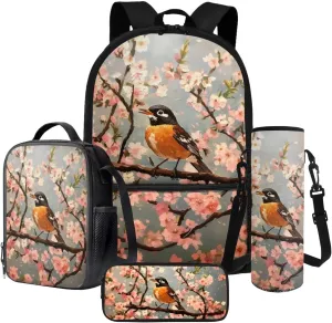 4 In 1 Backpack Set for Kids Teens Boys Girls, Sparrow Print School Bag with Insulated Lunch Box Pencil Case Water Cup Sleeve, Elementary Kindergarten Preschool Bookbag for Travel Camping