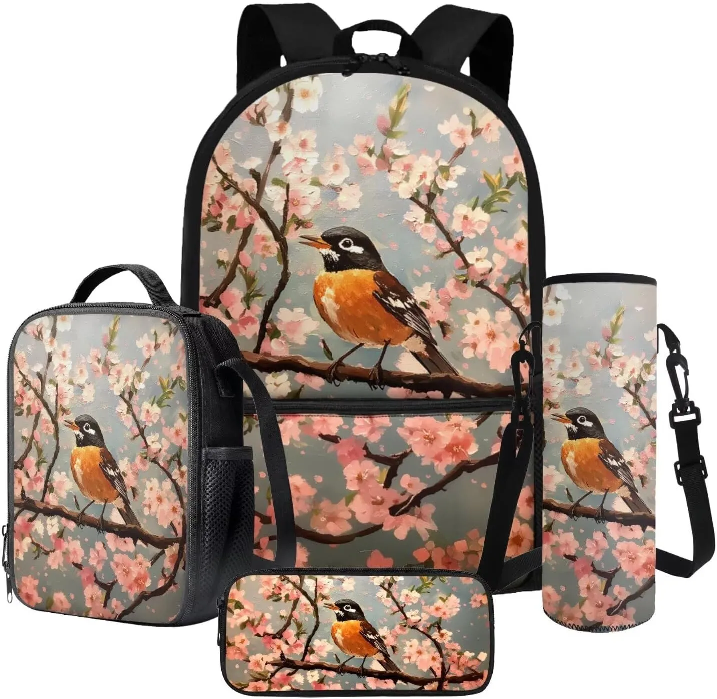 4 In 1 Backpack Set for Kids Teens Boys Girls, Sparrow Print School Bag with Insulated Lunch Box Pencil Case Water Cup Sleeve, Elementary Kindergarten Preschool Bookbag for Travel Camping