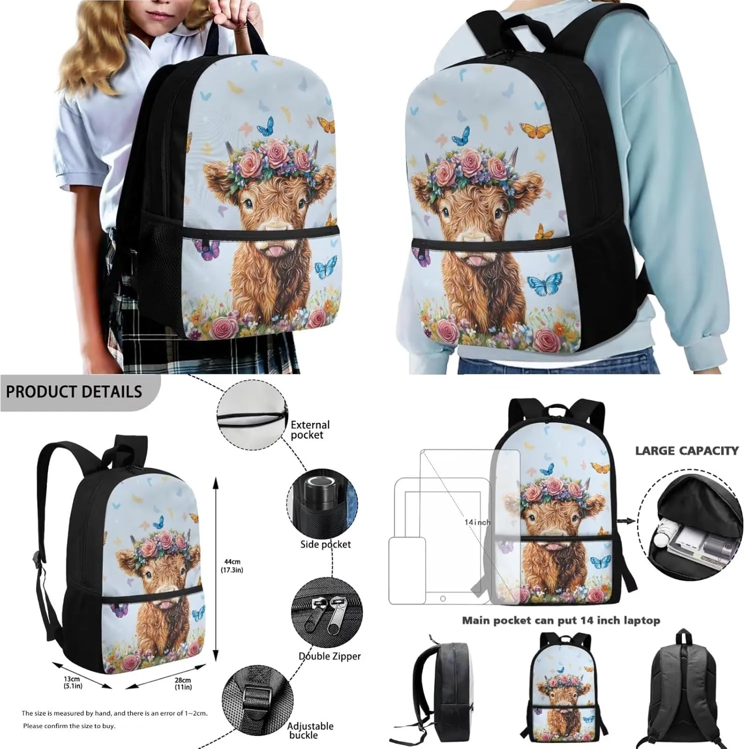 4 PCS Backpack Set for Girls and Boys Laptop Backpack Lunch Bag Pencil Case Reusable Water Bottle Carrier Portable School Bookbag Set, Highland Calf Rose Floral Butterfly