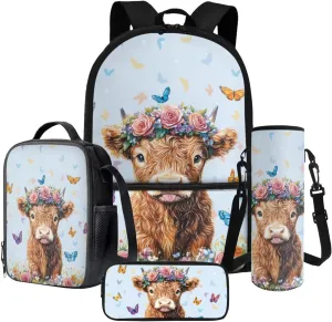 4 PCS Backpack Set for Girls and Boys Laptop Backpack Lunch Bag Pencil Case Reusable Water Bottle Carrier Portable School Bookbag Set, Highland Calf Rose Floral Butterfly