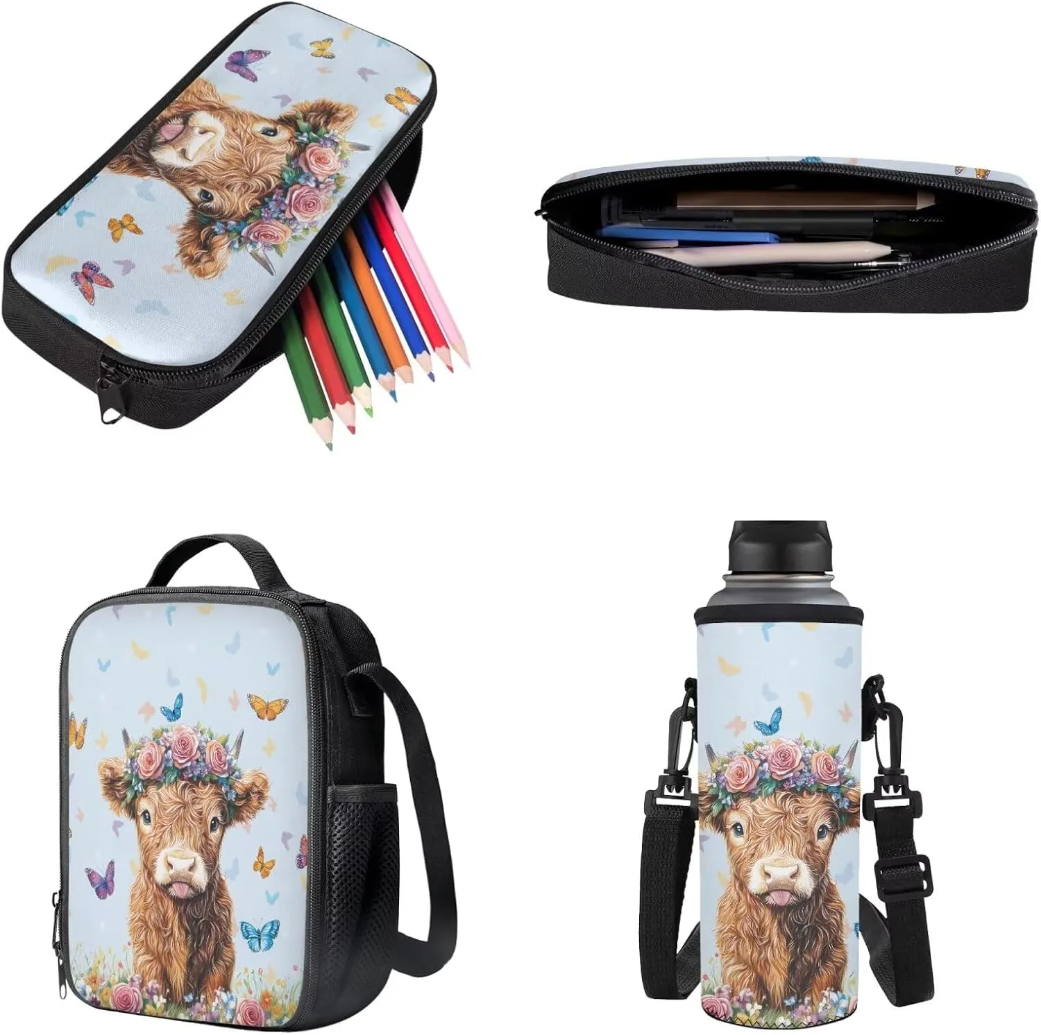 4 PCS Backpack Set for Girls and Boys Laptop Backpack Lunch Bag Pencil Case Reusable Water Bottle Carrier Portable School Bookbag Set, Highland Calf Rose Floral Butterfly