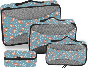 4 Pcs set organizer bags for Mesh Travel Essentials Cute Foxes Blue Dots lightweight bags for packing