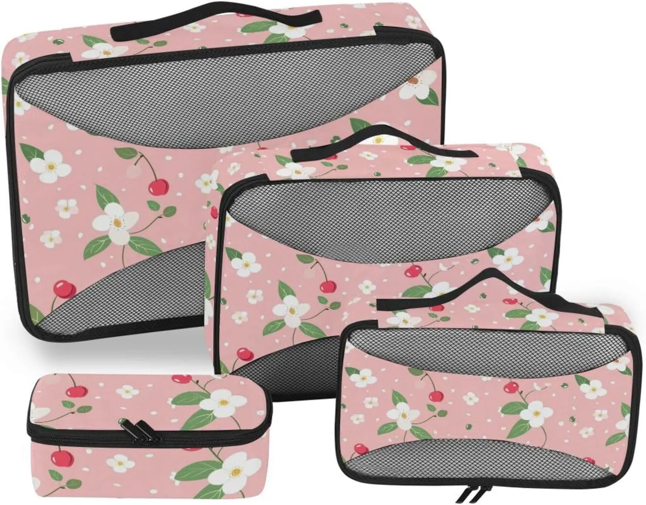 4 Pcs set organizer bags set Mesh Travel Essentials Pink Fresh Crushed Flower lightweight travel packing cubes