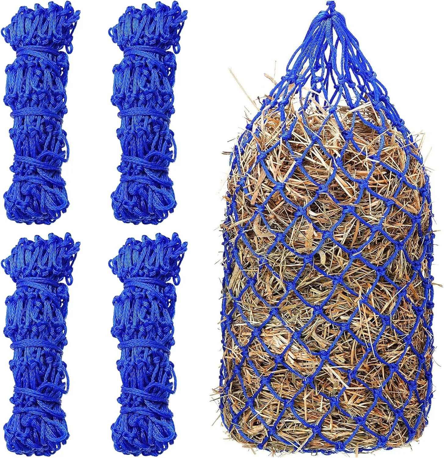 4 Pcs Slow Feed Hay Net 40 Inch Hay Nets for Horses Hanging Hay Feeder for Goats 2x2 in Round Mesh Holes Horse Hay Bag Horse Feeding Supplies for Trailer and Stall,Simulates Grazing (Blue)