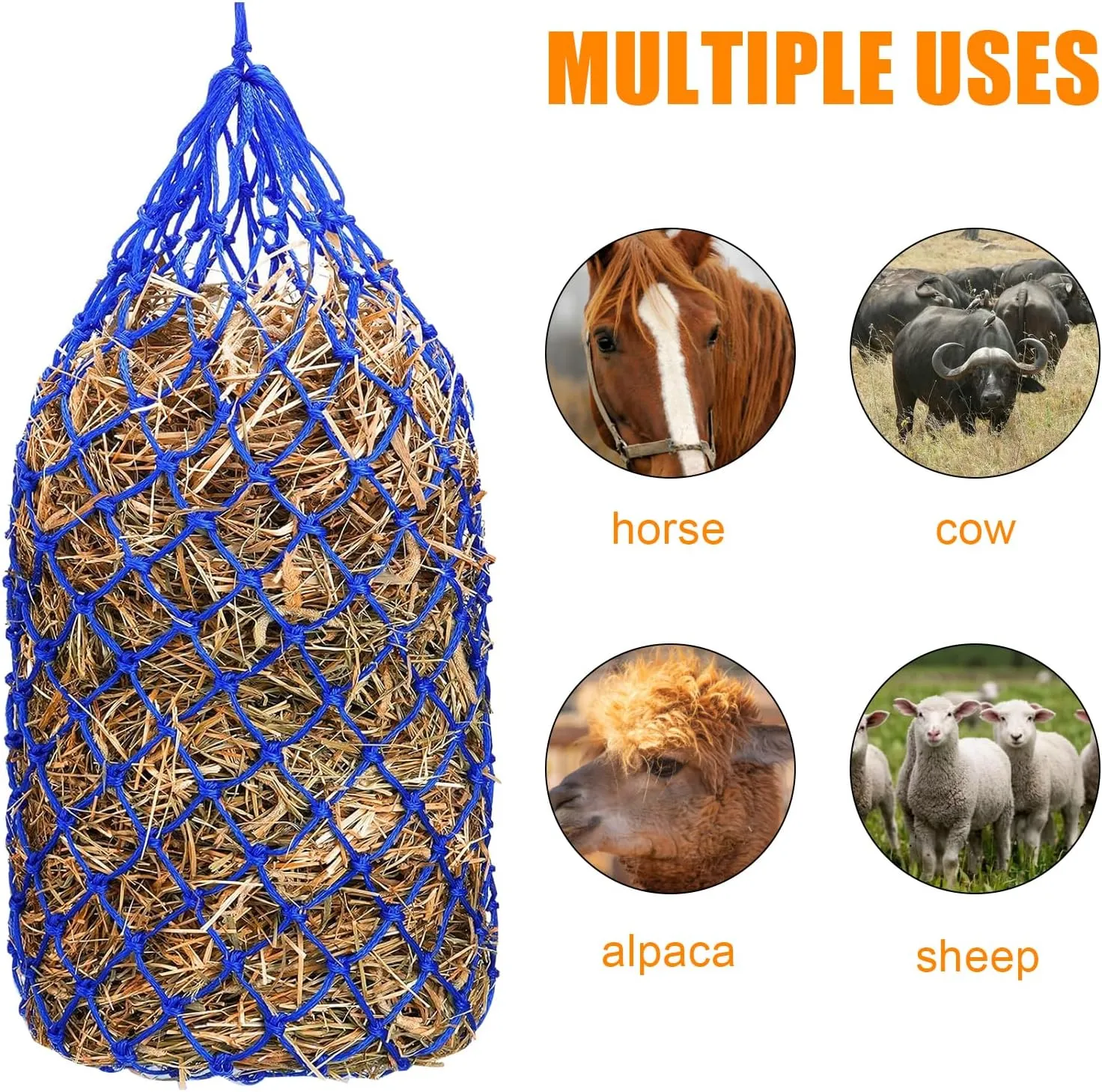 4 Pcs Slow Feed Hay Net 40 Inch Hay Nets for Horses Hanging Hay Feeder for Goats 2x2 in Round Mesh Holes Horse Hay Bag Horse Feeding Supplies for Trailer and Stall,Simulates Grazing (Blue)