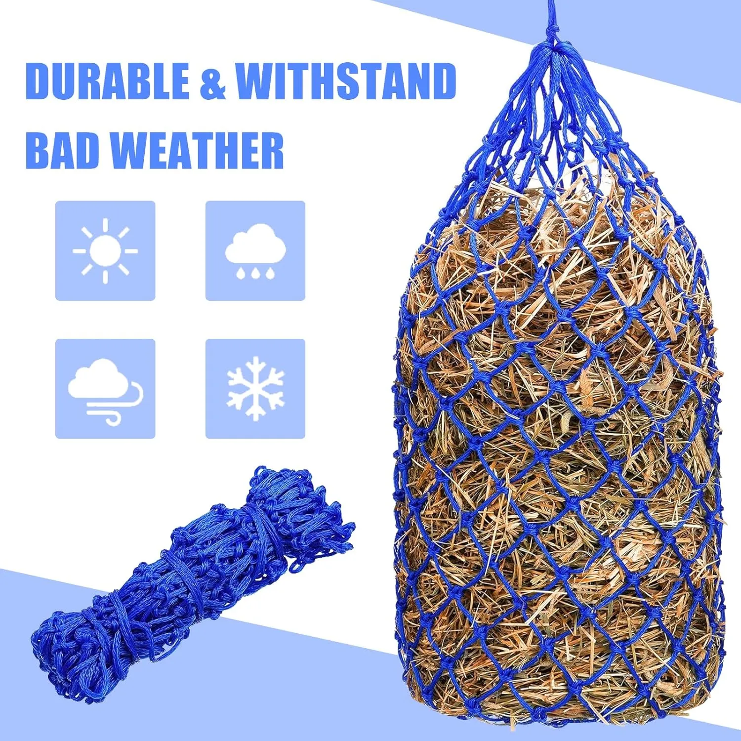 4 Pcs Slow Feed Hay Net 40 Inch Hay Nets for Horses Hanging Hay Feeder for Goats 2x2 in Round Mesh Holes Horse Hay Bag Horse Feeding Supplies for Trailer and Stall,Simulates Grazing (Blue)