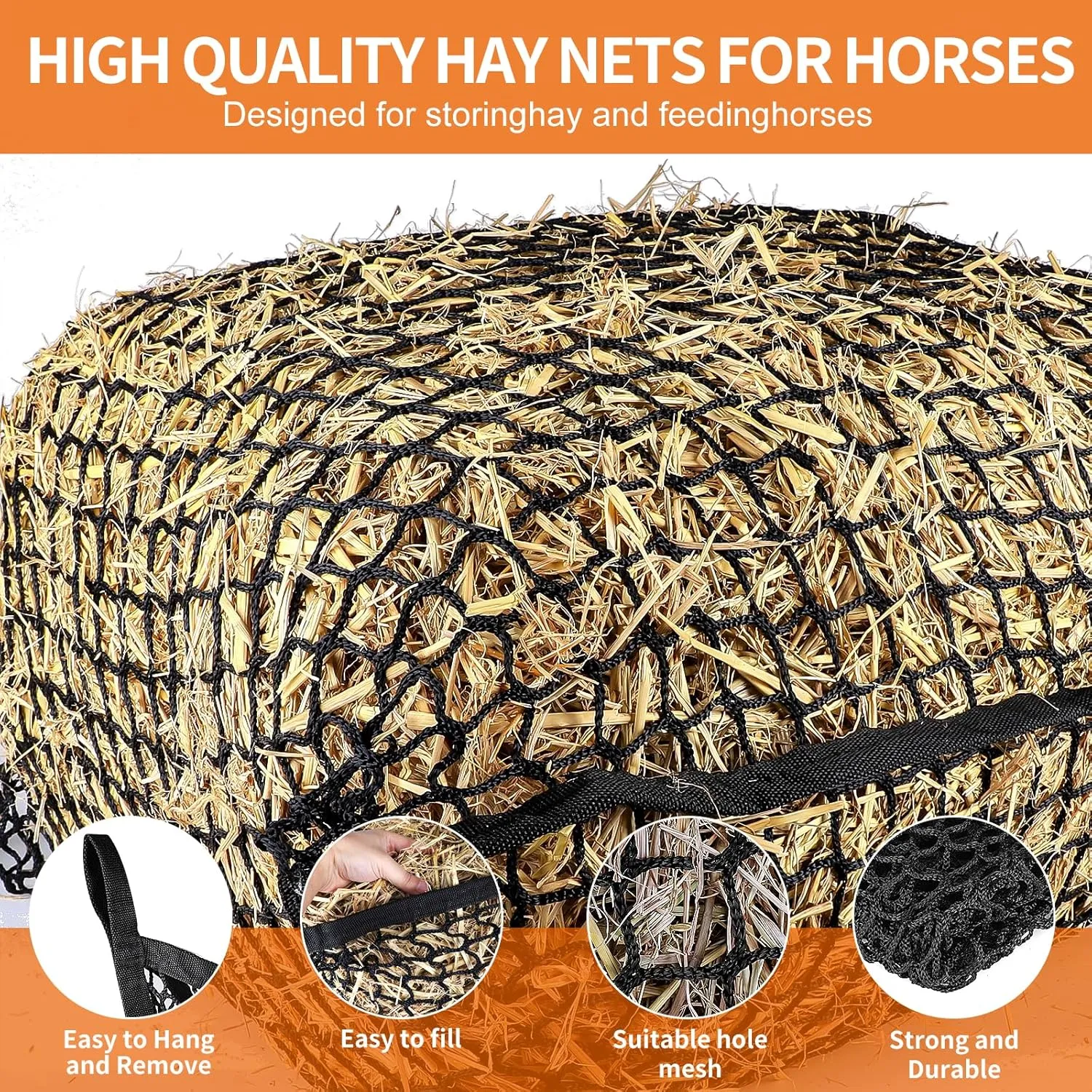 4 PCS Slow Feed Hay Net，31.5" x 35.1"Large Capacity Horse Feed Bag,Horses Hay Bags Easy to Hang for Horse Feeder Full Day Feeding Horses Goat Stall Trailer-Black