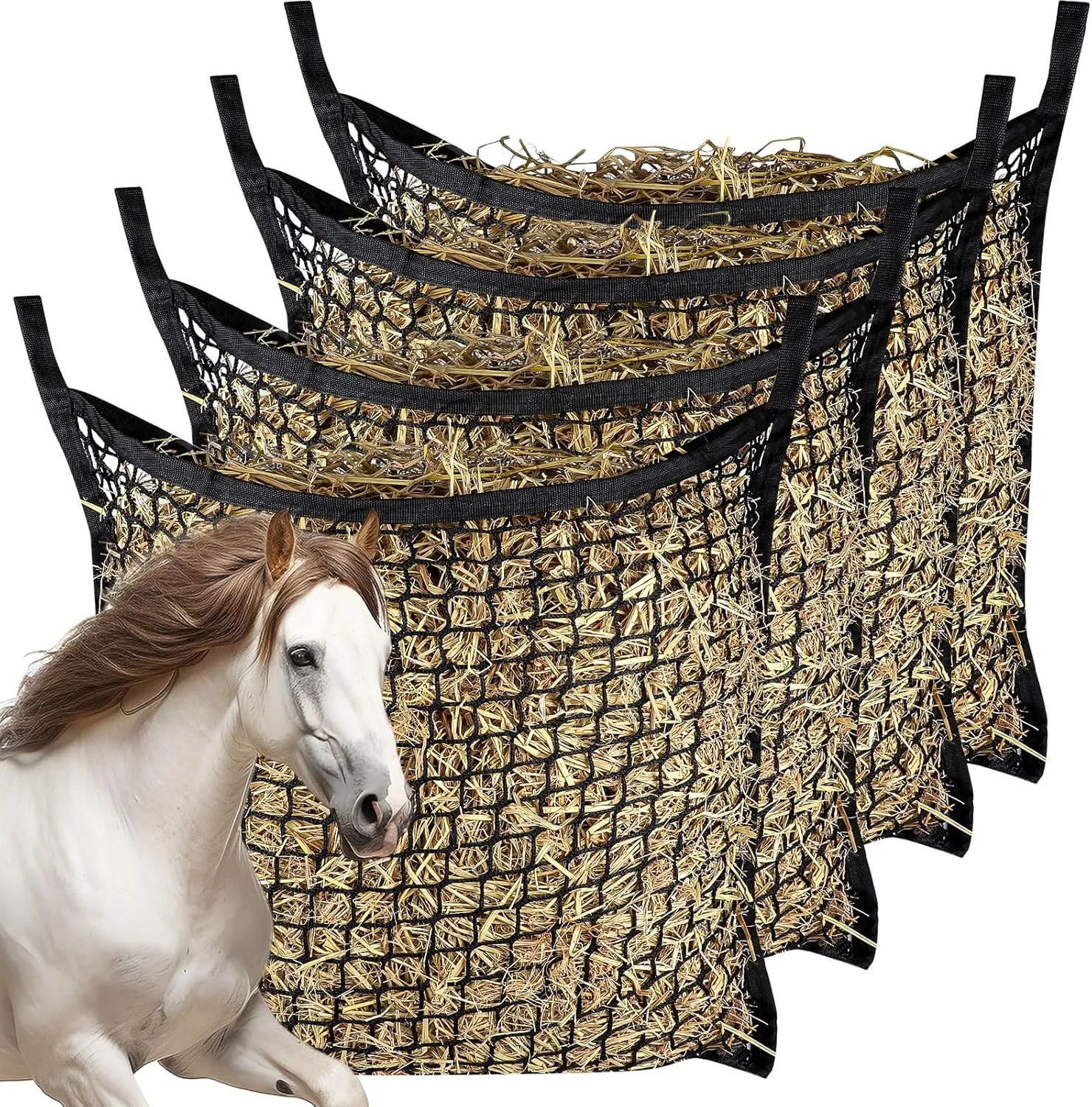 4 PCS Slow Feed Hay Net，31.5" x 35.1"Large Capacity Horse Feed Bag,Horses Hay Bags Easy to Hang for Horse Feeder Full Day Feeding Horses Goat Stall Trailer-Black