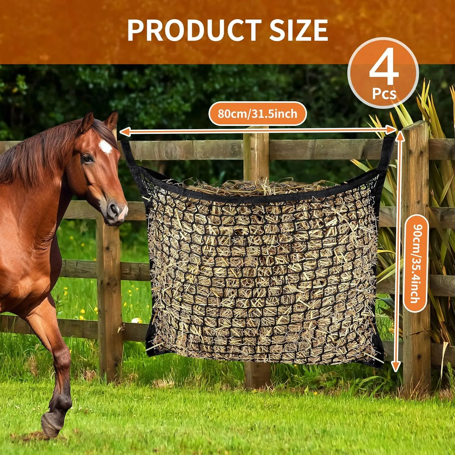 4 PCS Slow Feed Hay Net，31.5" x 35.1"Large Capacity Horse Feed Bag,Horses Hay Bags Easy to Hang for Horse Feeder Full Day Feeding Horses Goat Stall Trailer-Black