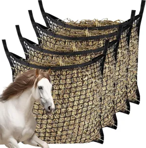 4 PCS Slow Feed Hay Net，31.5" x 35.1"Large Capacity Horse Feed Bag,Horses Hay Bags Easy to Hang for Horse Feeder Full Day Feeding Horses Goat Stall Trailer-Black