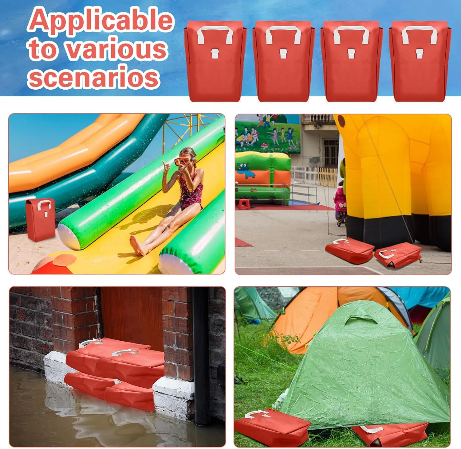 4 Pcs Vinyl Sand Bags for Bounce House Inflatable Water Bounce House Sand Bag to Support and Anchor Inflatables Tents Water Slides Canopies, Only Put Sand, Not Stones(17 x 12 Inch, Red)