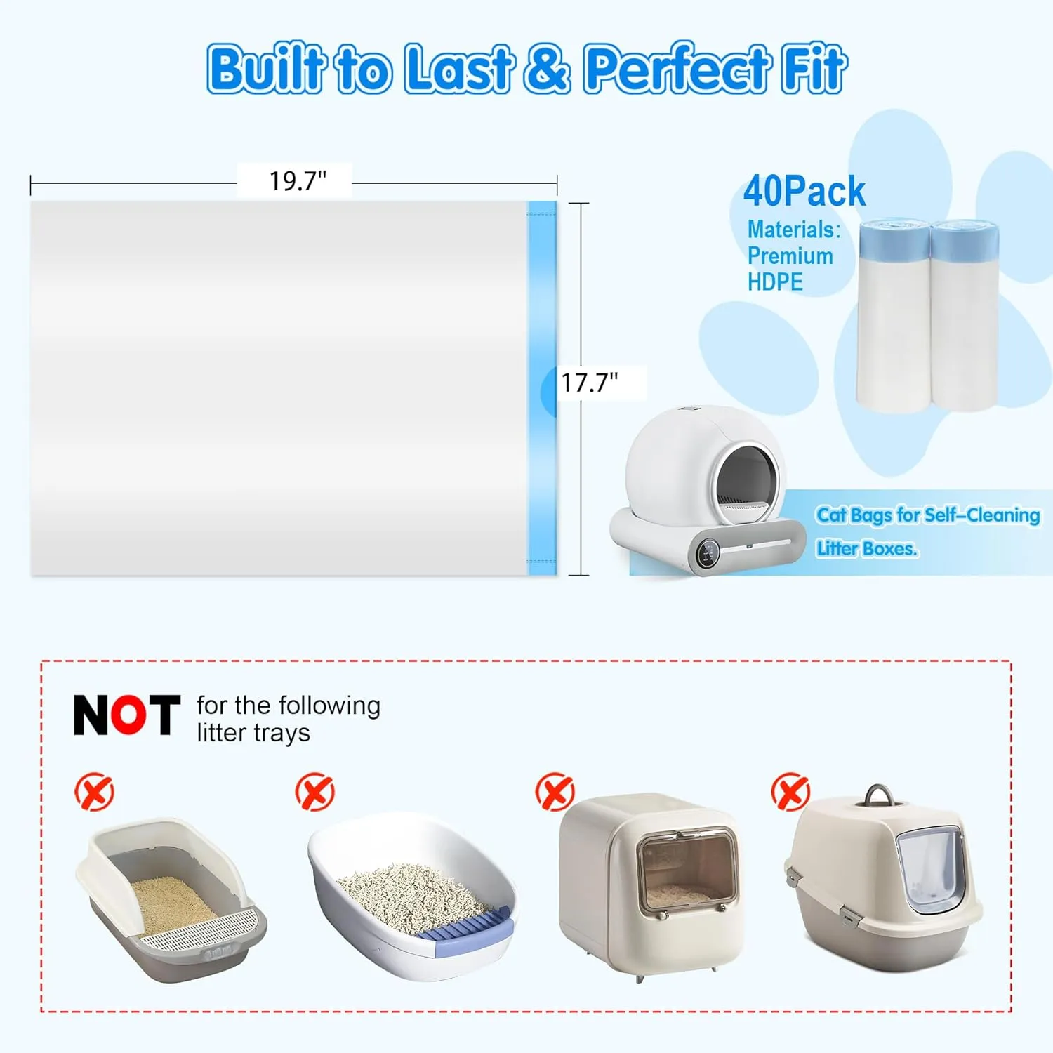40 Count Self Cleaning Cat Litter Box Liners Bag Compatible with MeoWant MW-SC01,MW-SC02, Drawstring Heavy Duty Litter Receptacles Bags For Automatic Cat Litter Box- 19.7" x 17.7"