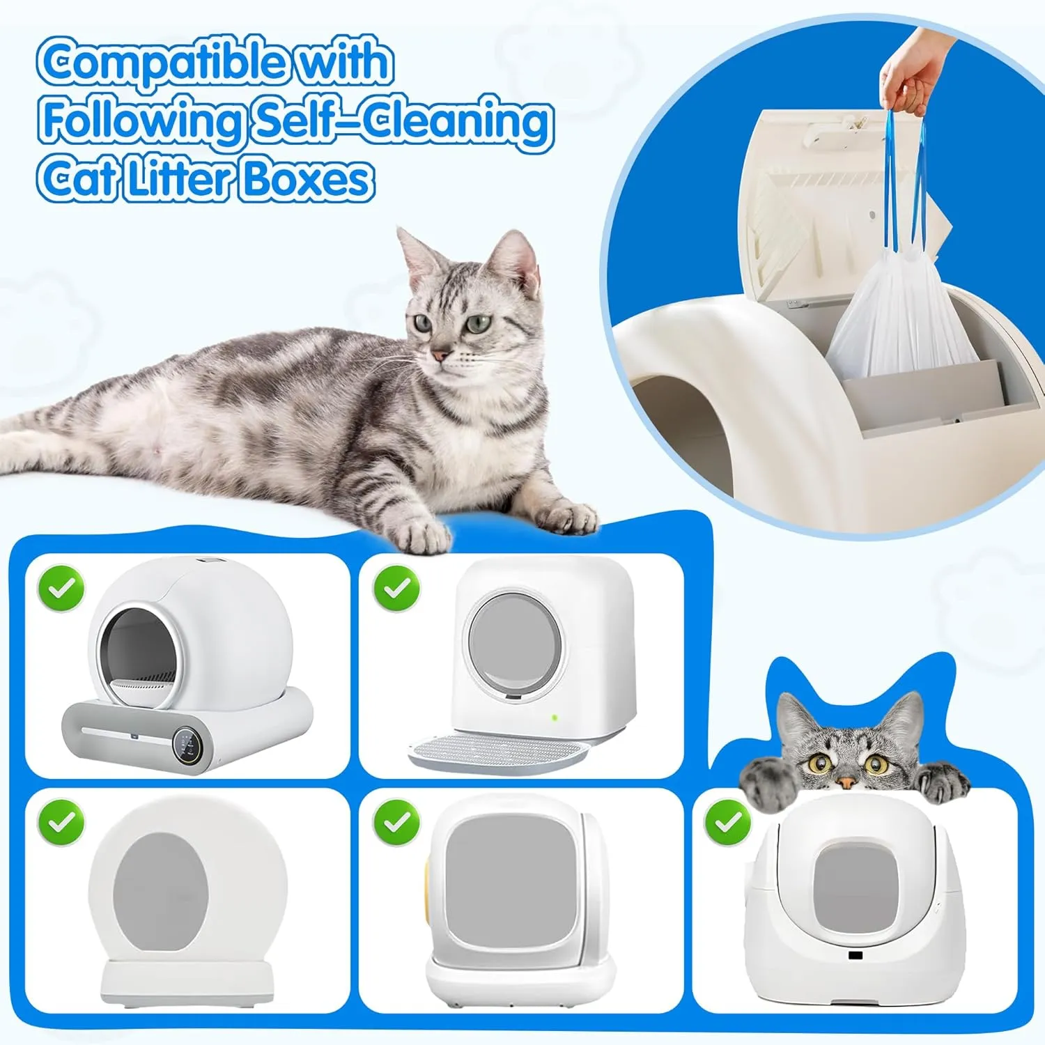 40 Count Self Cleaning Cat Litter Box Liners Bag Compatible with MeoWant MW-SC01,MW-SC02, Drawstring Heavy Duty Litter Receptacles Bags For Automatic Cat Litter Box- 19.7" x 17.7"