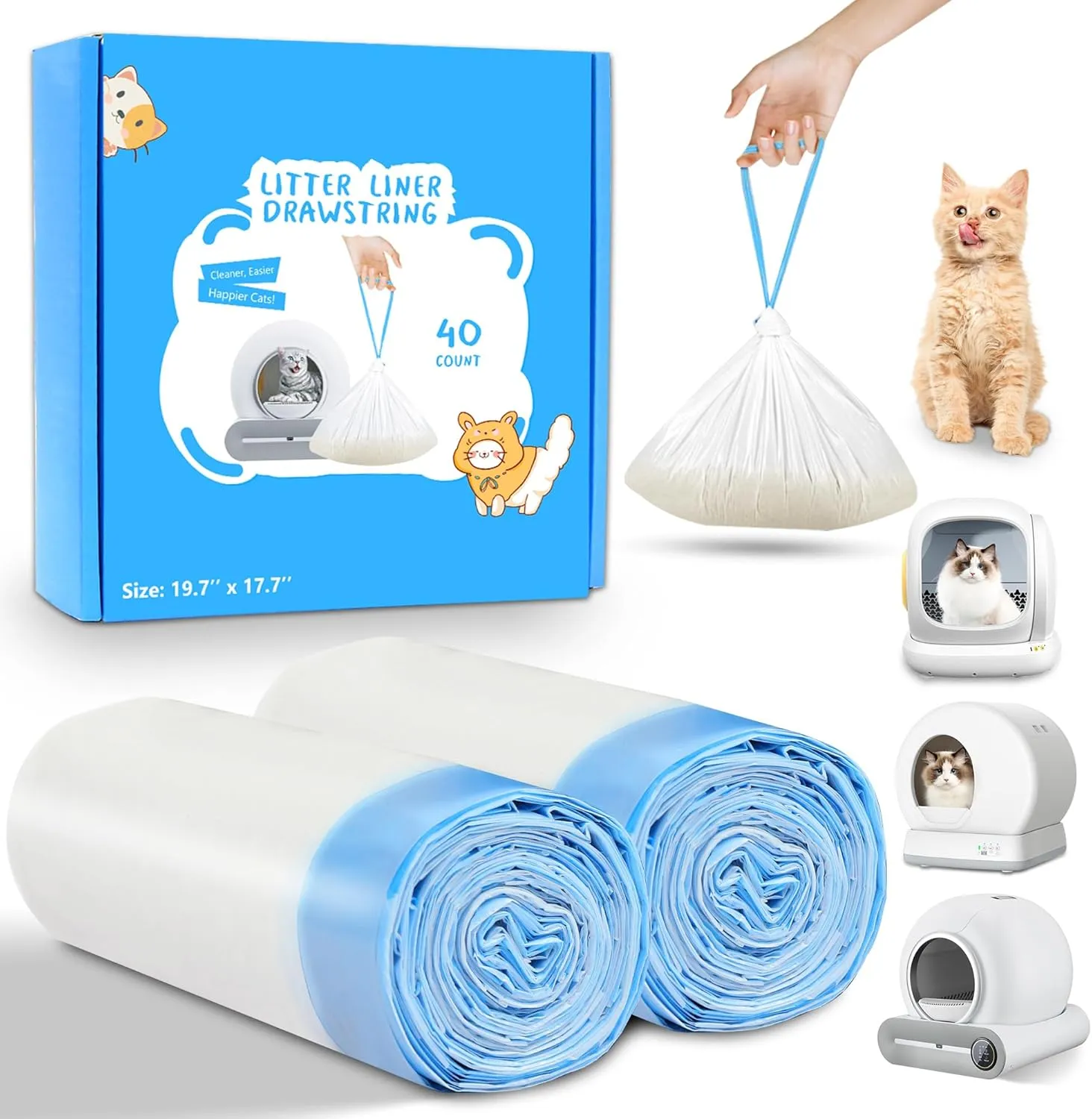 40 Count Self Cleaning Cat Litter Box Liners Bag Compatible with MeoWant MW-SC01,MW-SC02, Drawstring Heavy Duty Litter Receptacles Bags For Automatic Cat Litter Box- 19.7" x 17.7"