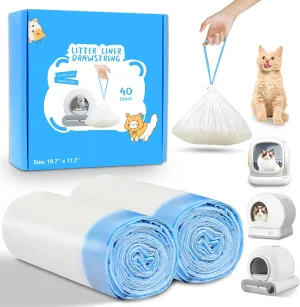 40 Count Self Cleaning Cat Litter Box Liners Bag Compatible with MeoWant MW-SC01,MW-SC02, Drawstring Heavy Duty Litter Receptacles Bags For Automatic Cat Litter Box- 19.7" x 17.7"